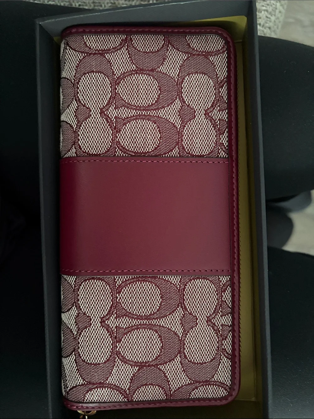 Coach Wine Signature Zip Wallet with Gold Hardware